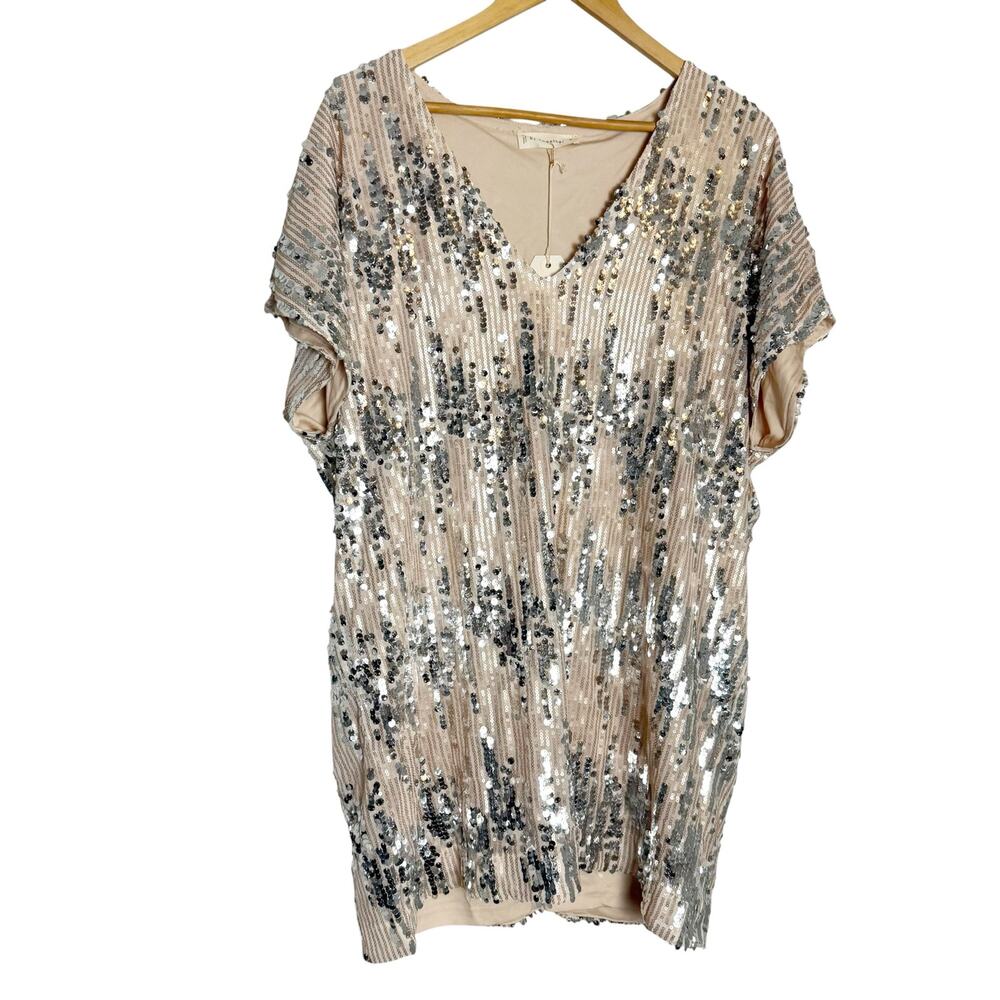 By Together Beige Nude Silver Sequined V-Neck Short Sleeve Tunic Mini Dress M